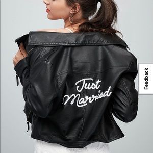 New JUST MARRIED EMBROIDERED VEGAN LEATHER MOTO JACKET